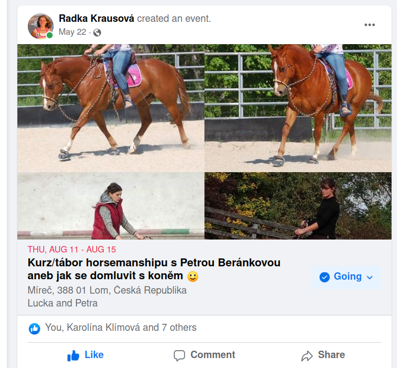 Kurz / tábor horsemanshipu s Petrou Beránkovou aneb Jak se domluvit s koněm Míreč, 388 01 Lom